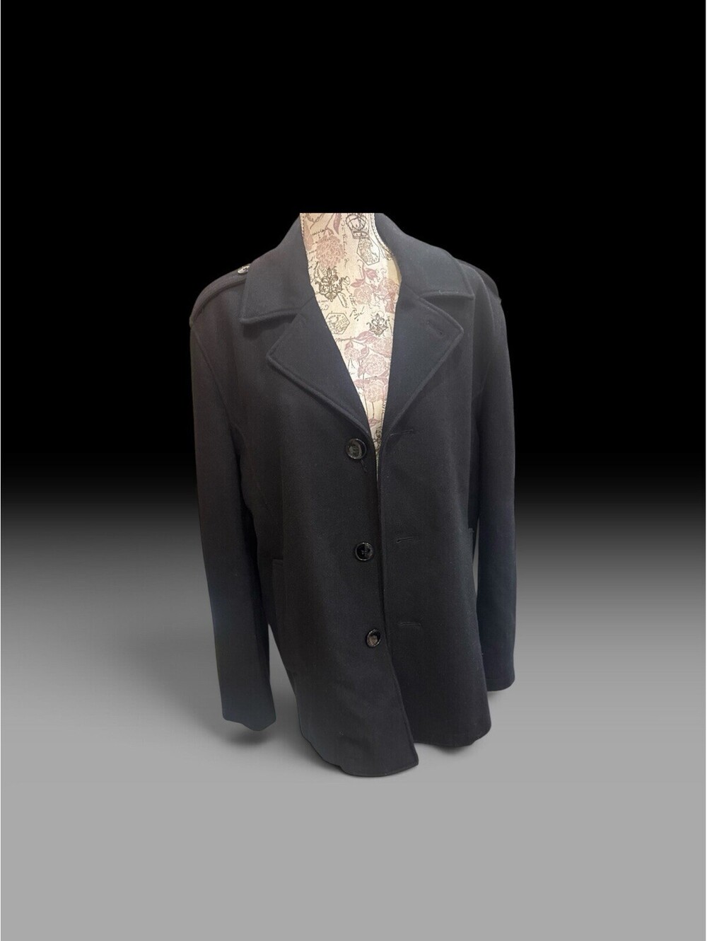 Guess Black Wool Pea Coat. Iconic Retro Buttons. Size Large Academia Classicore